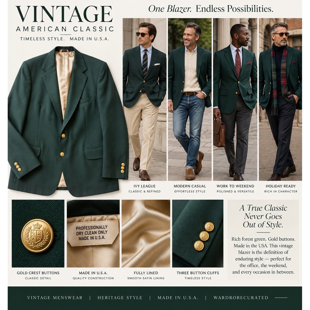 Vintage USA Mens 48R Forest Green Blazer Gold Buttons Preppy Ivy Trad Jacket